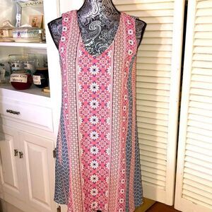 NWT Floral Bandana Print Cross V Neck Shift Dress. Pink and Blue. Small.